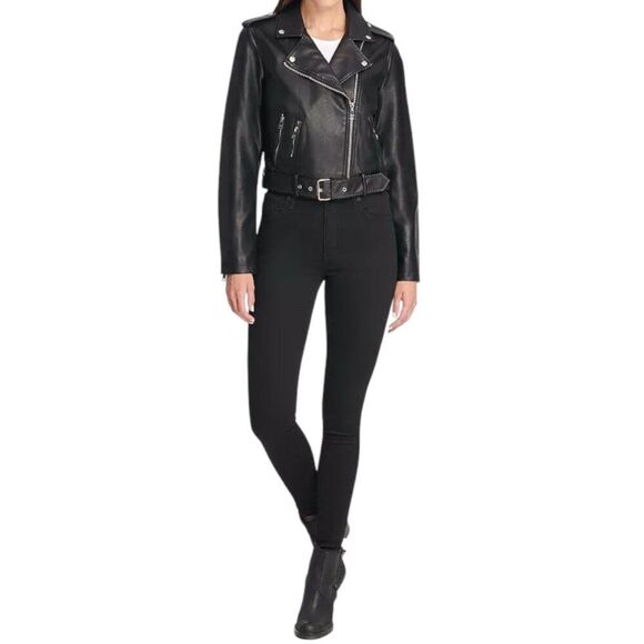 Levi's Women's Size S Vegan Leather Belted Hem Cropped Moto Jacket - Picture 9 of 11
